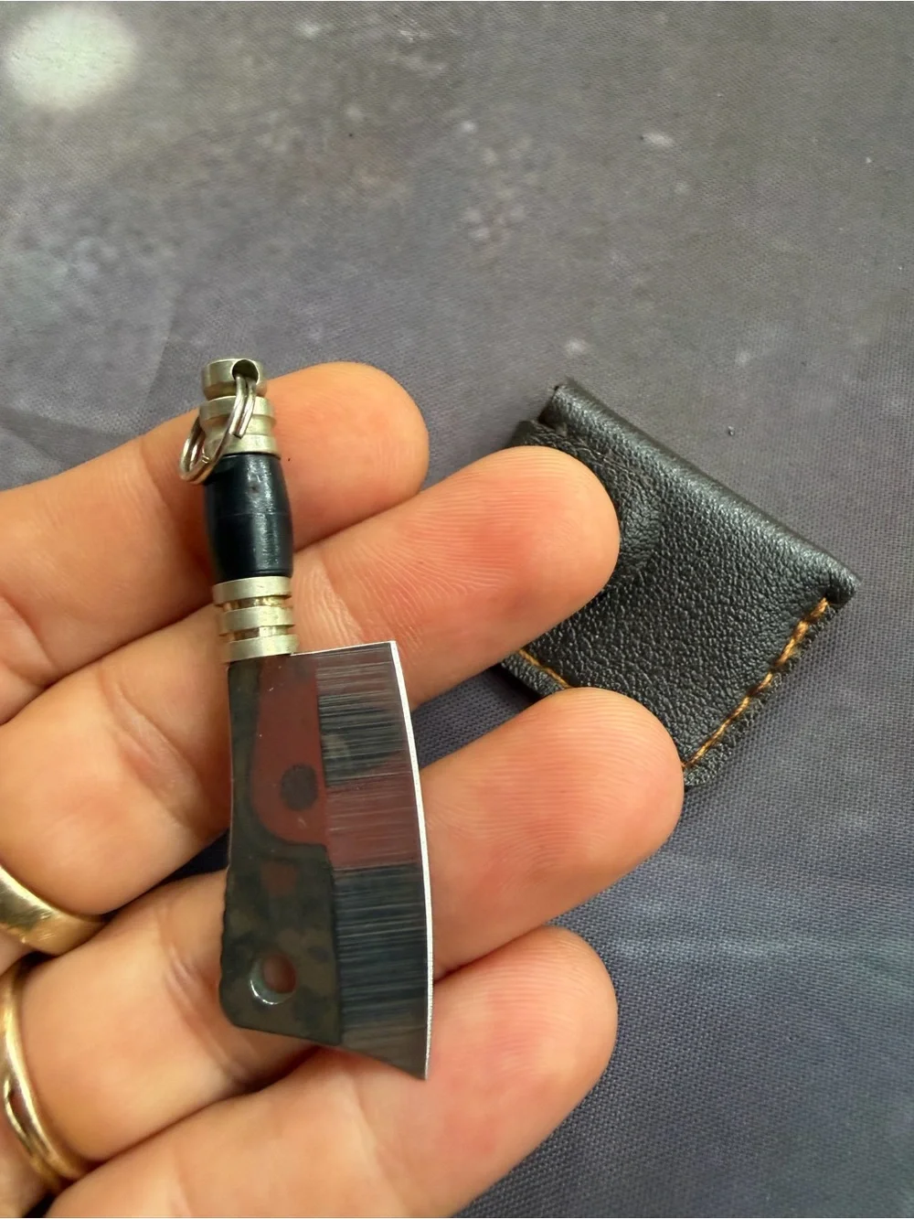 Brown Leather Keychain Card Holder with Mini Cleaver Charm